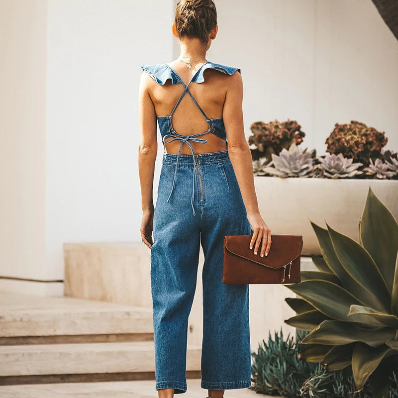 Ruffled Cris Cross Sleeveless Denim Jumpsuit Trendsi