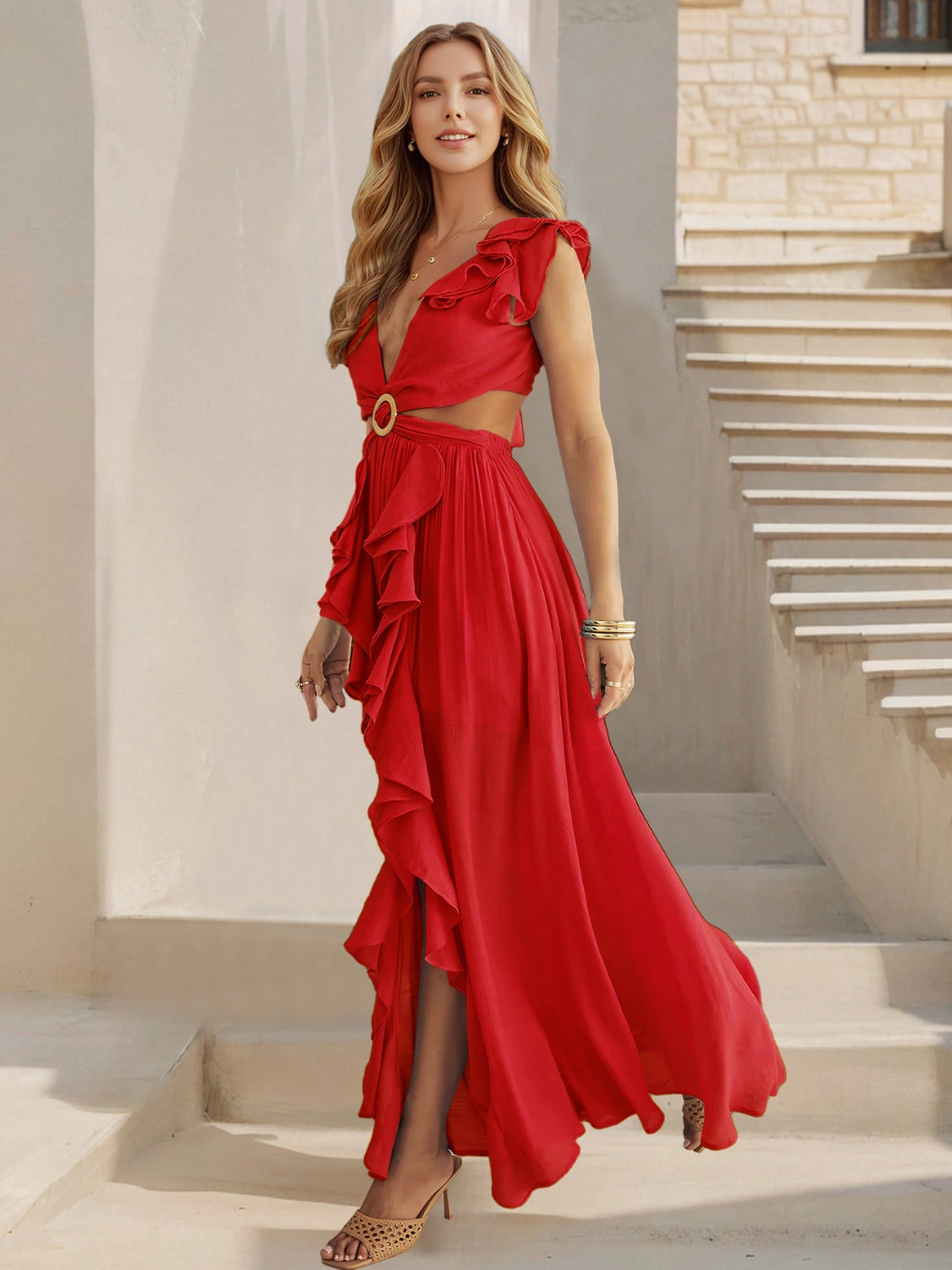 Cutout Ruffled Cap Sleeve Maxi Dress Trendsi