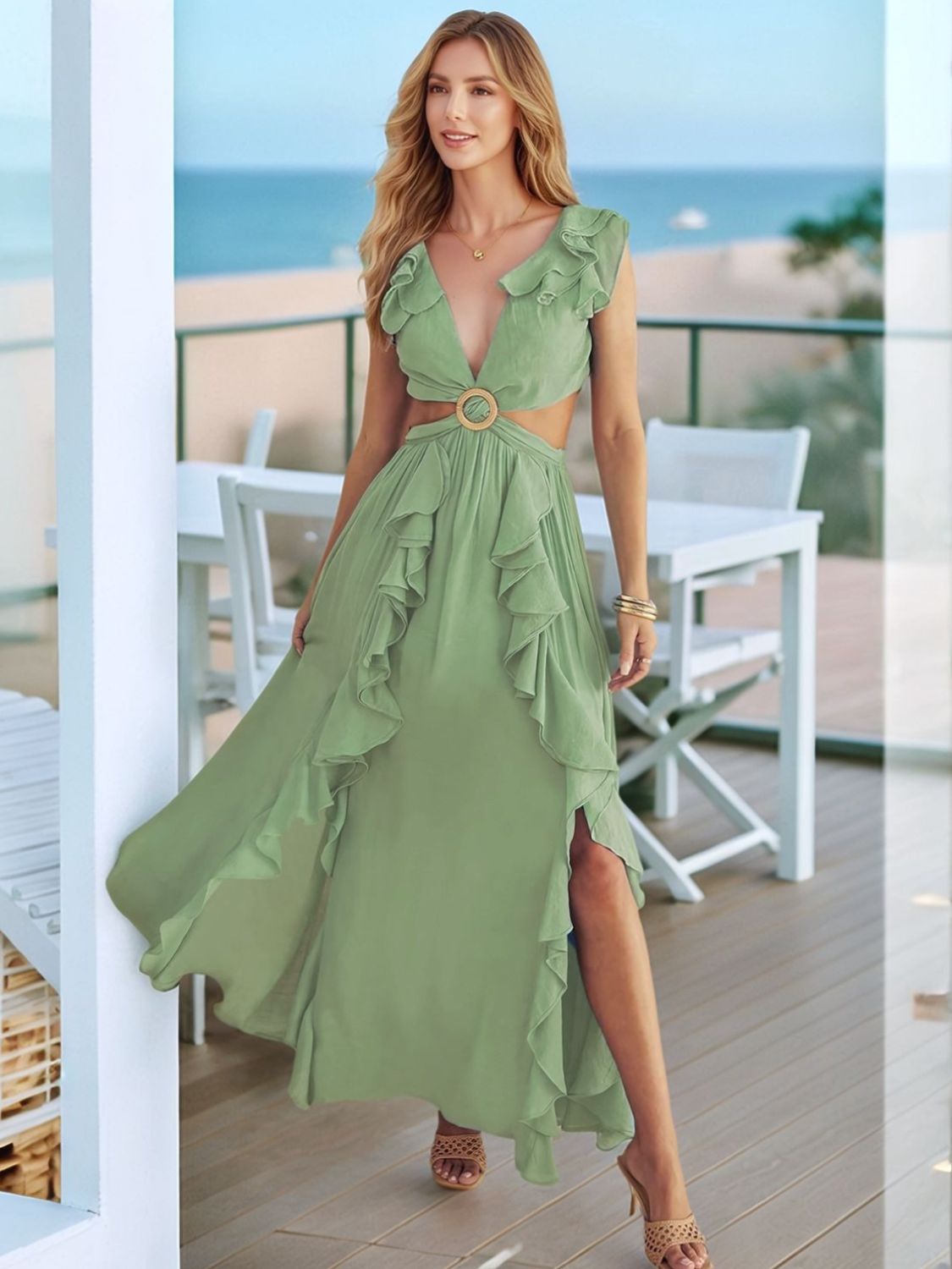 Cutout Ruffled Cap Sleeve Maxi Dress Trendsi