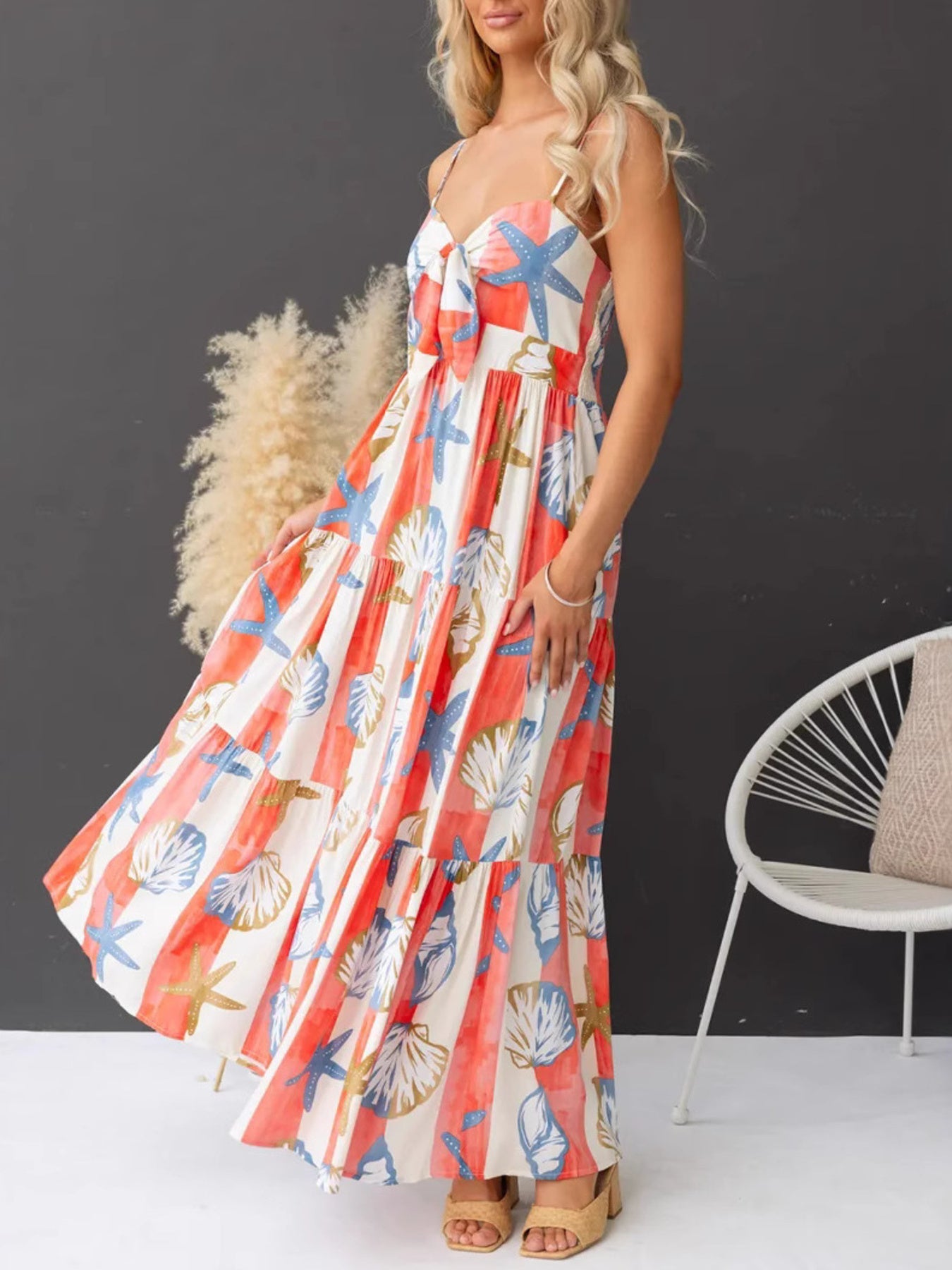 Starfish Striped Print Tie Front Maxi Dress Plus Size Trendsi