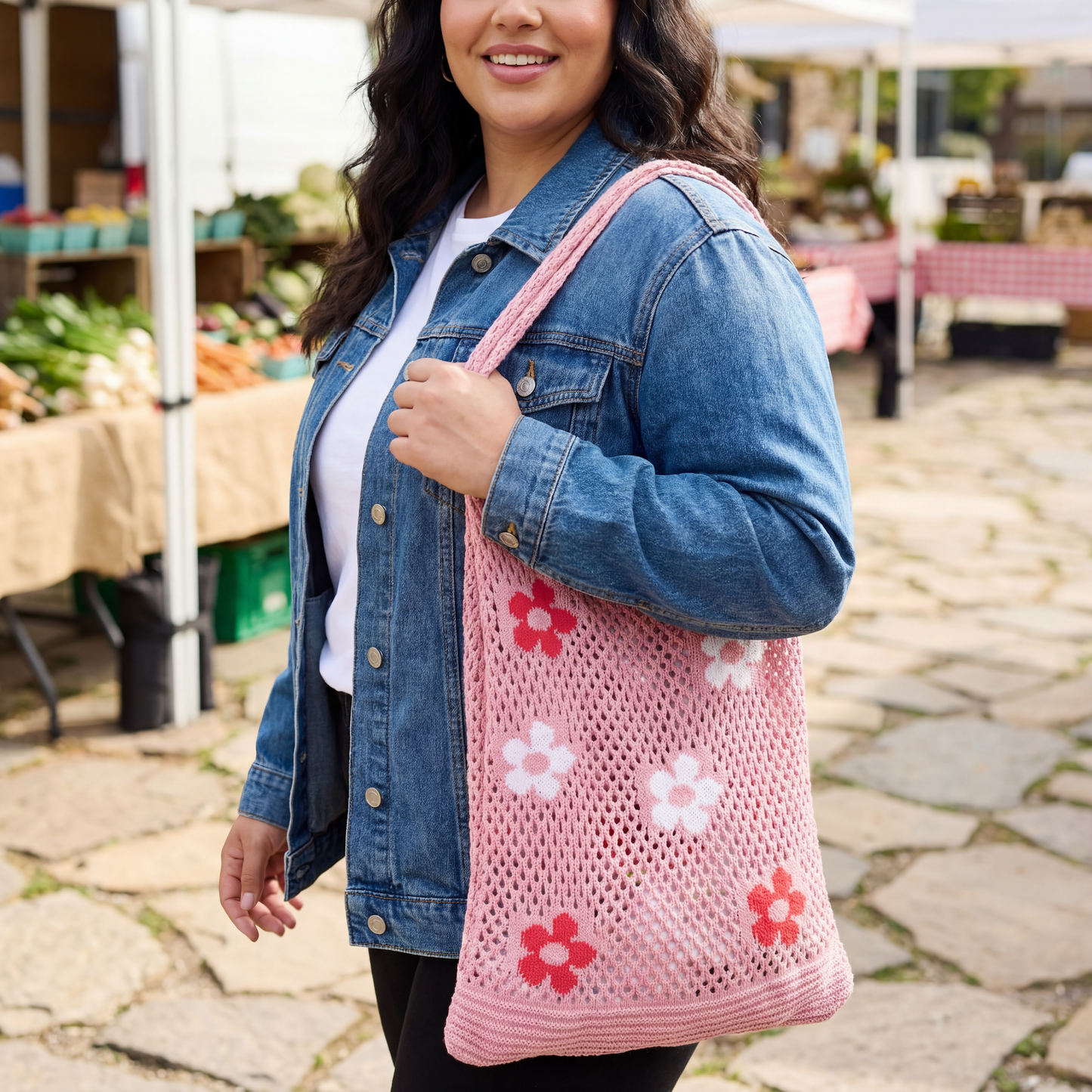 Hippie Boho Knitted Flower Tote | Floral Print Soft Shoulder Bag in Groovy Pink DAME BOHEME