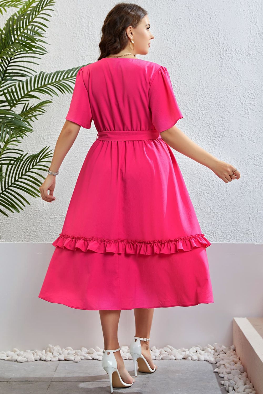Honey Belted Frill Trim Flutter Sleeve Dress Plus Size Trendsi