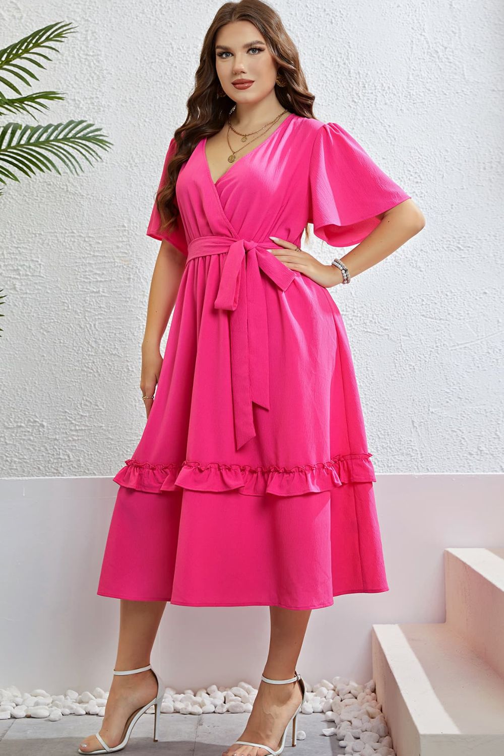 Honey Belted Frill Trim Flutter Sleeve Dress Plus Size Trendsi