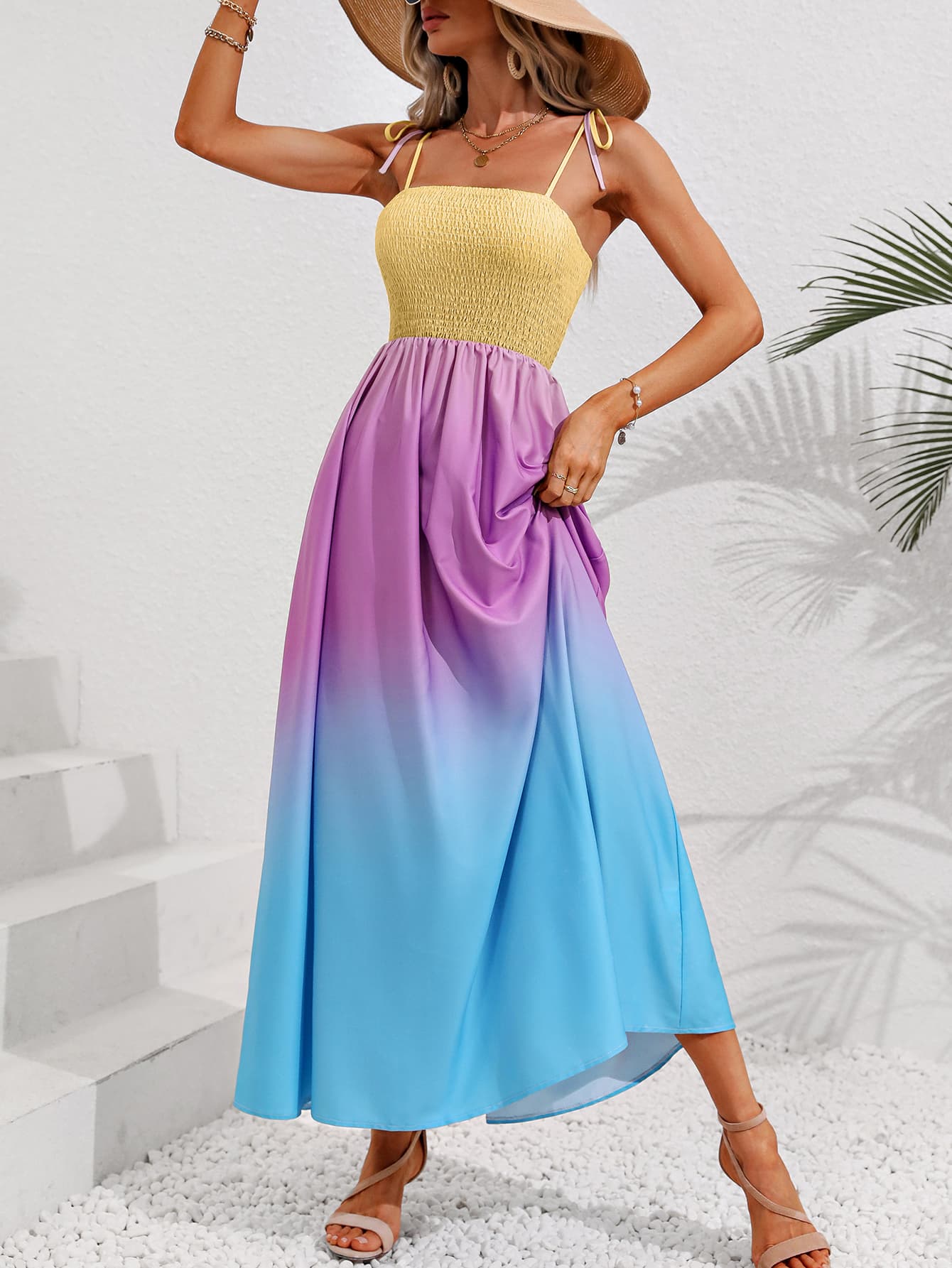 Honey Color Block Ombre Smocked Maxi Dress Trendsi