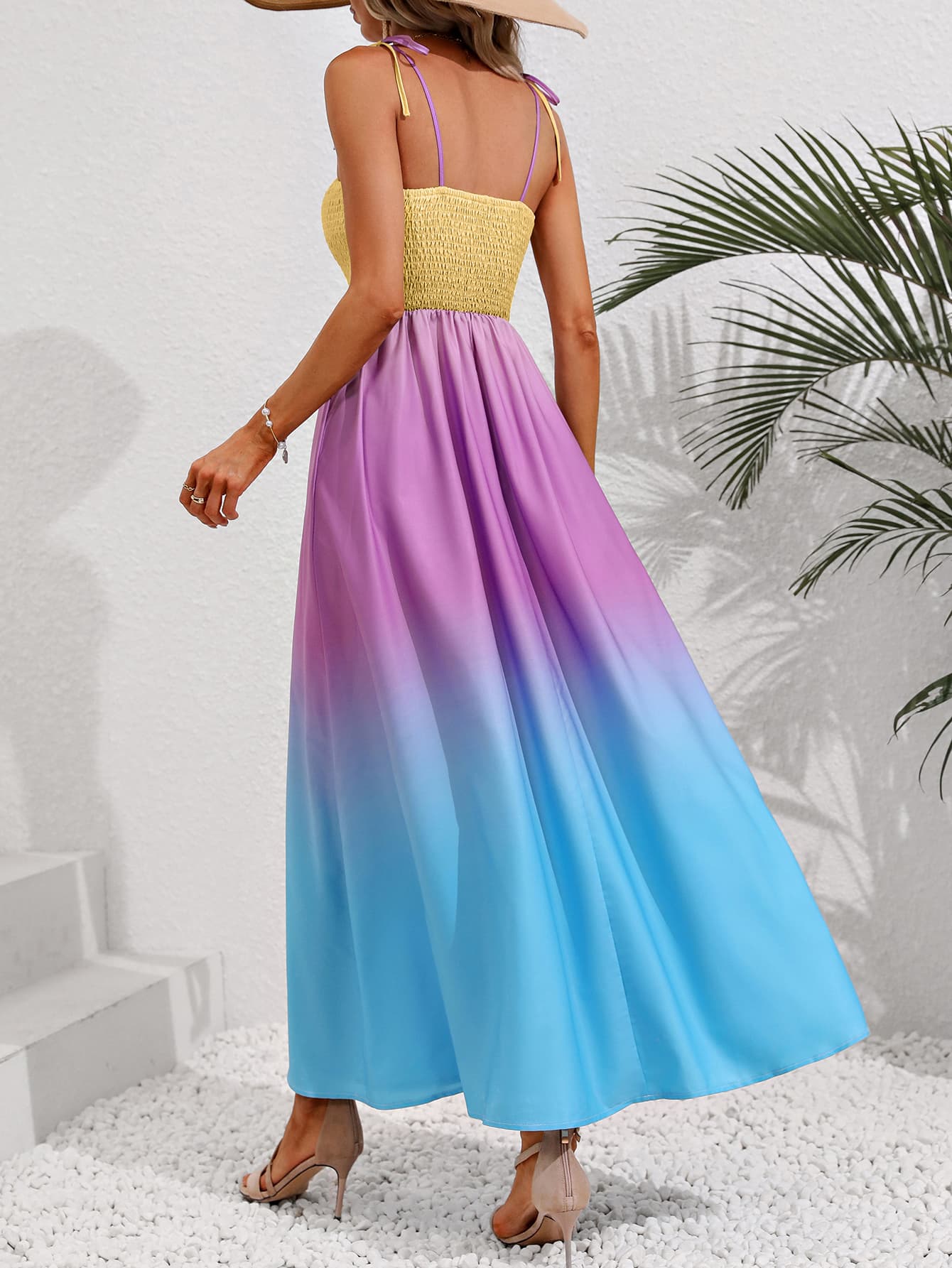 Honey Color Block Ombre Smocked Maxi Dress Trendsi