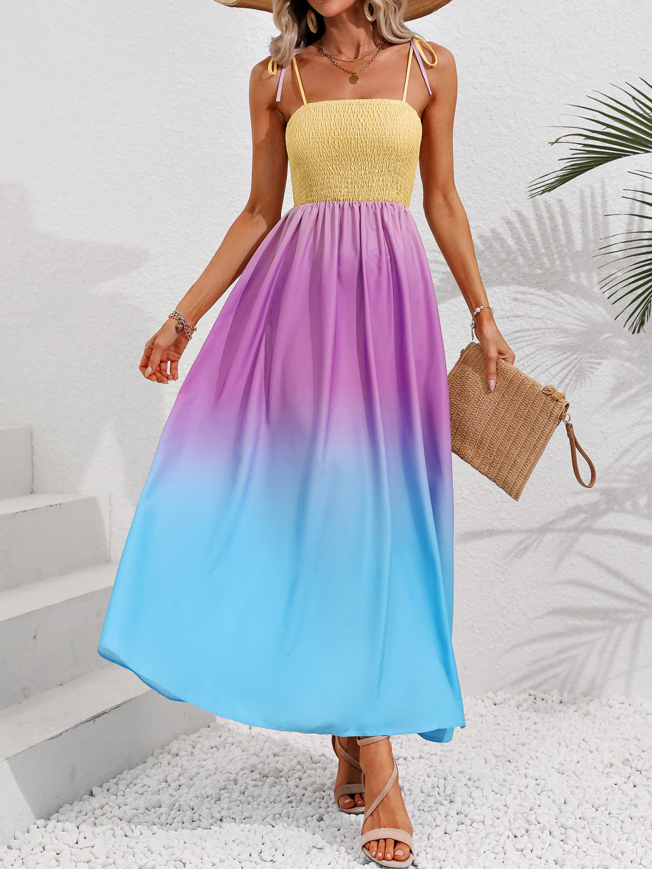 Honey Color Block Ombre Smocked Maxi Dress Trendsi