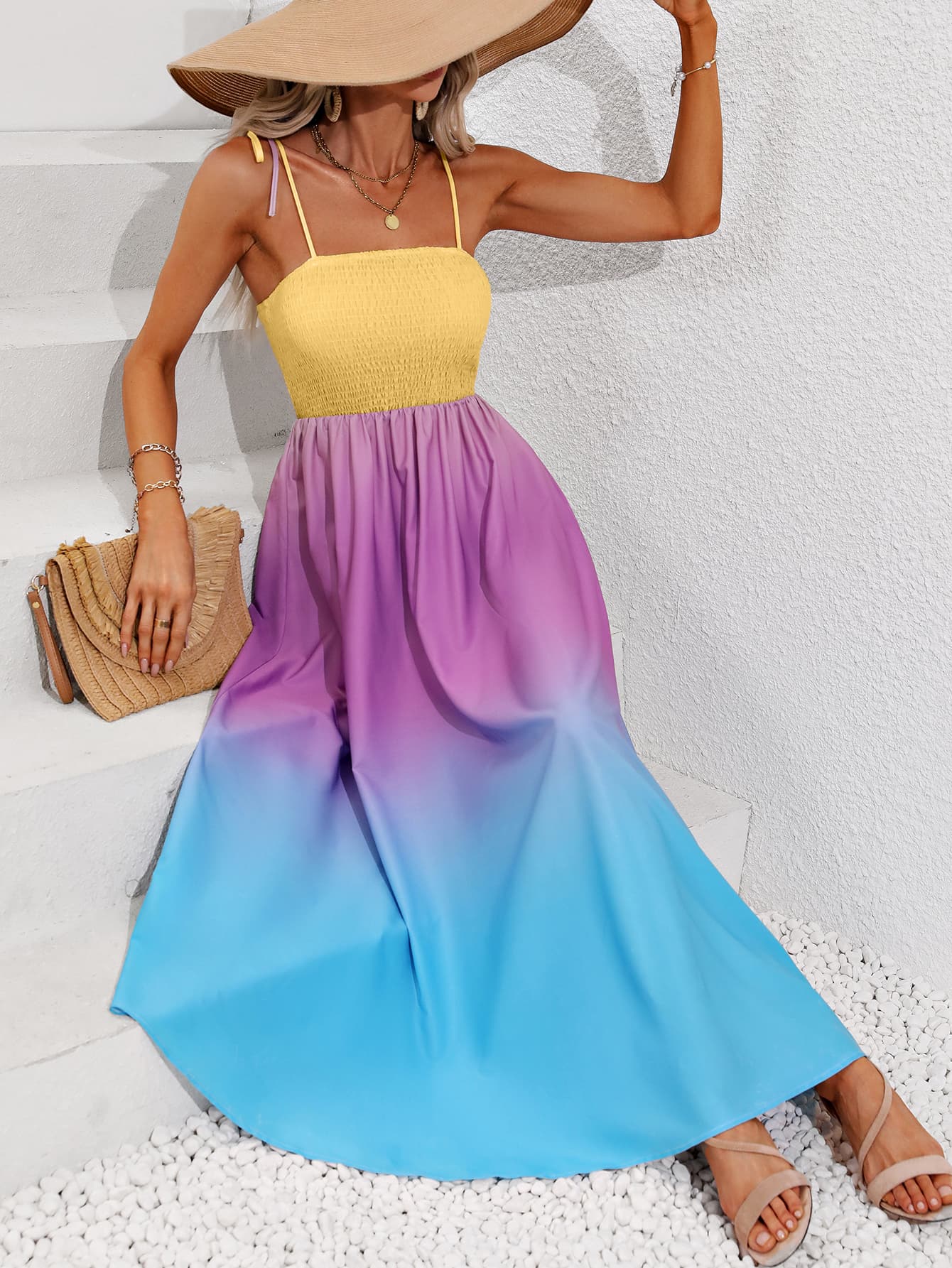 Honey Color Block Ombre Smocked Maxi Dress Trendsi