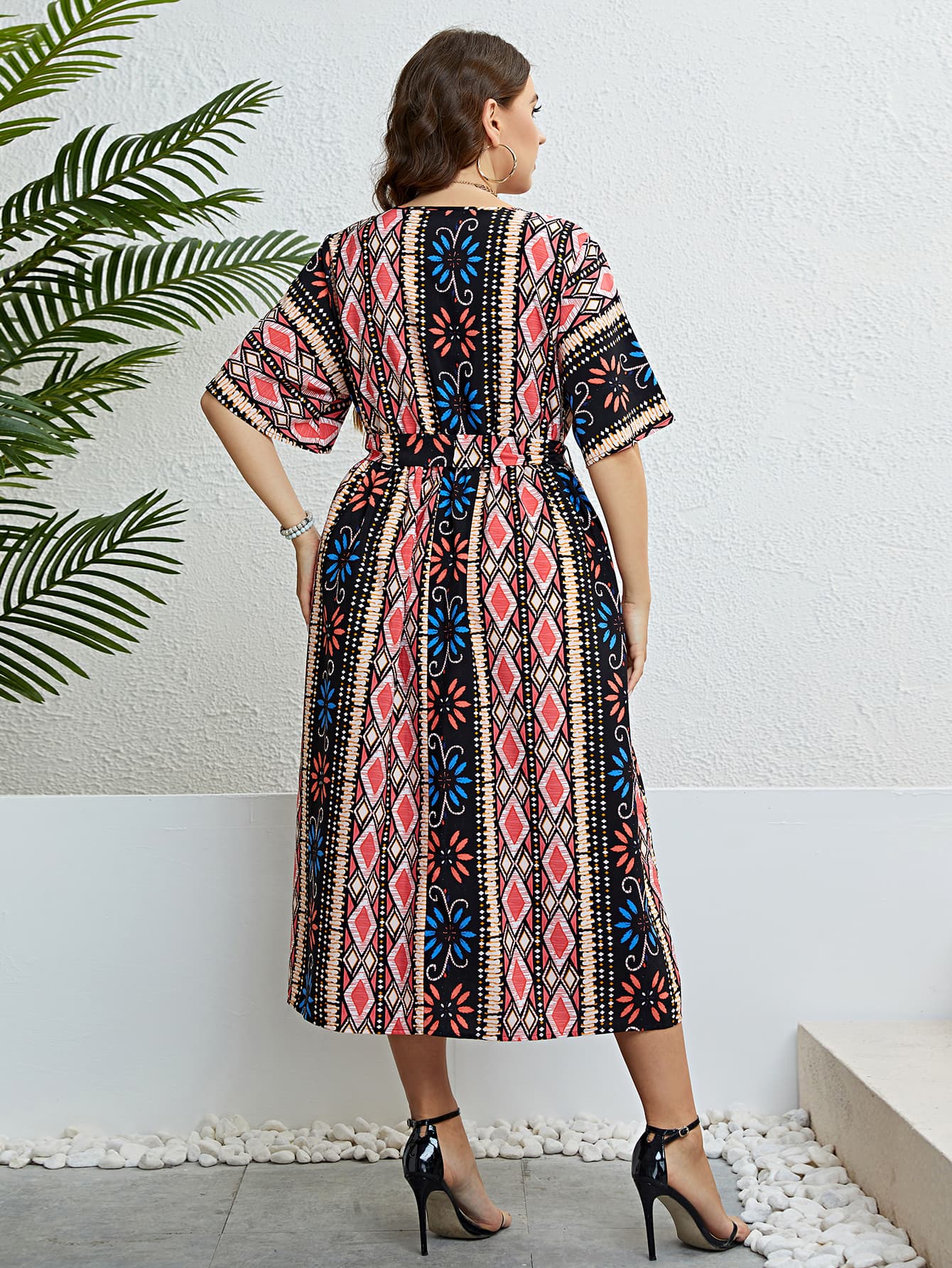Honey Plus Size Bohemian V-Neck Tie Belt Midi Dress Trendsi