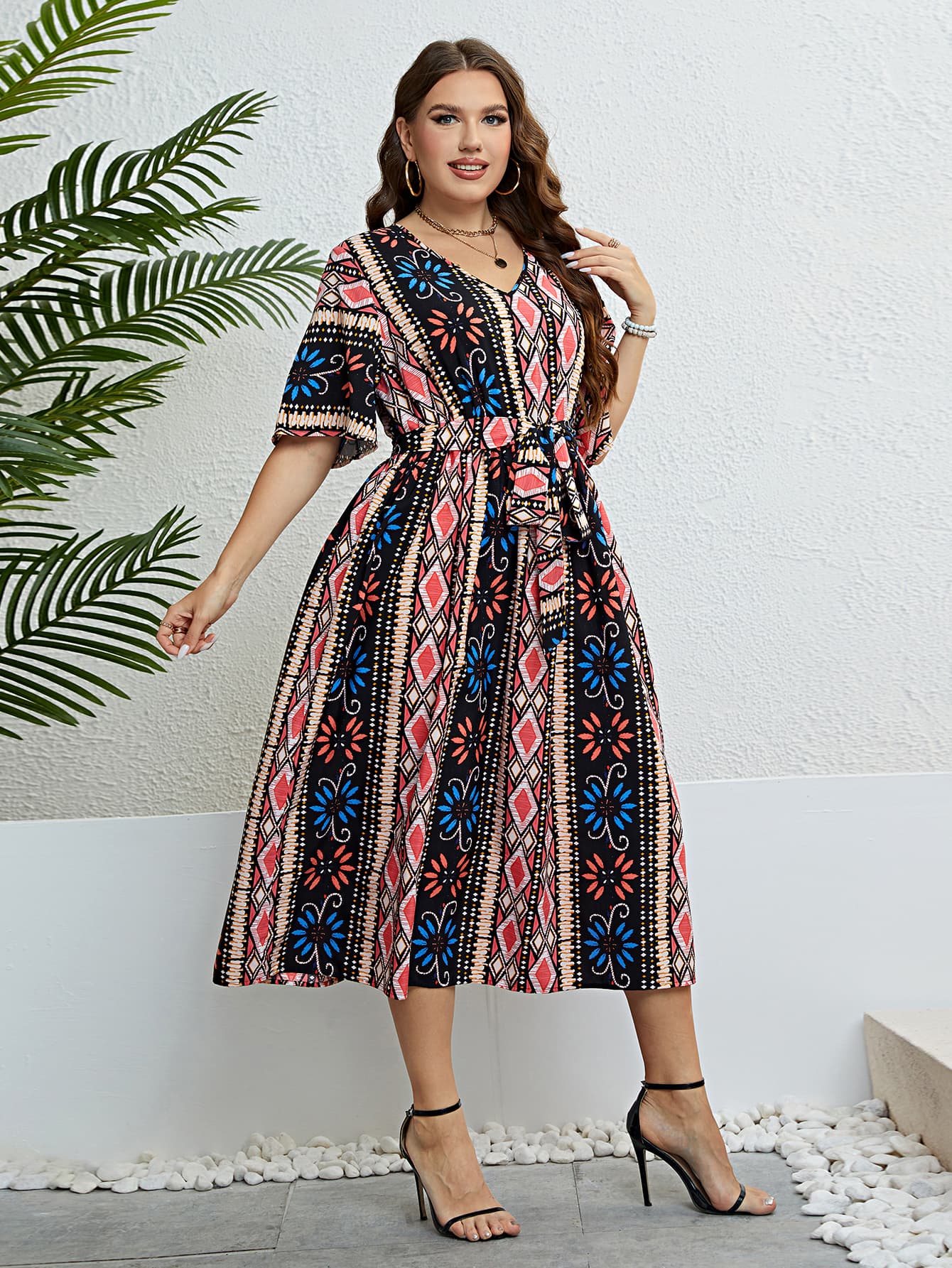Honey Plus Size Bohemian V-Neck Tie Belt Midi Dress Trendsi