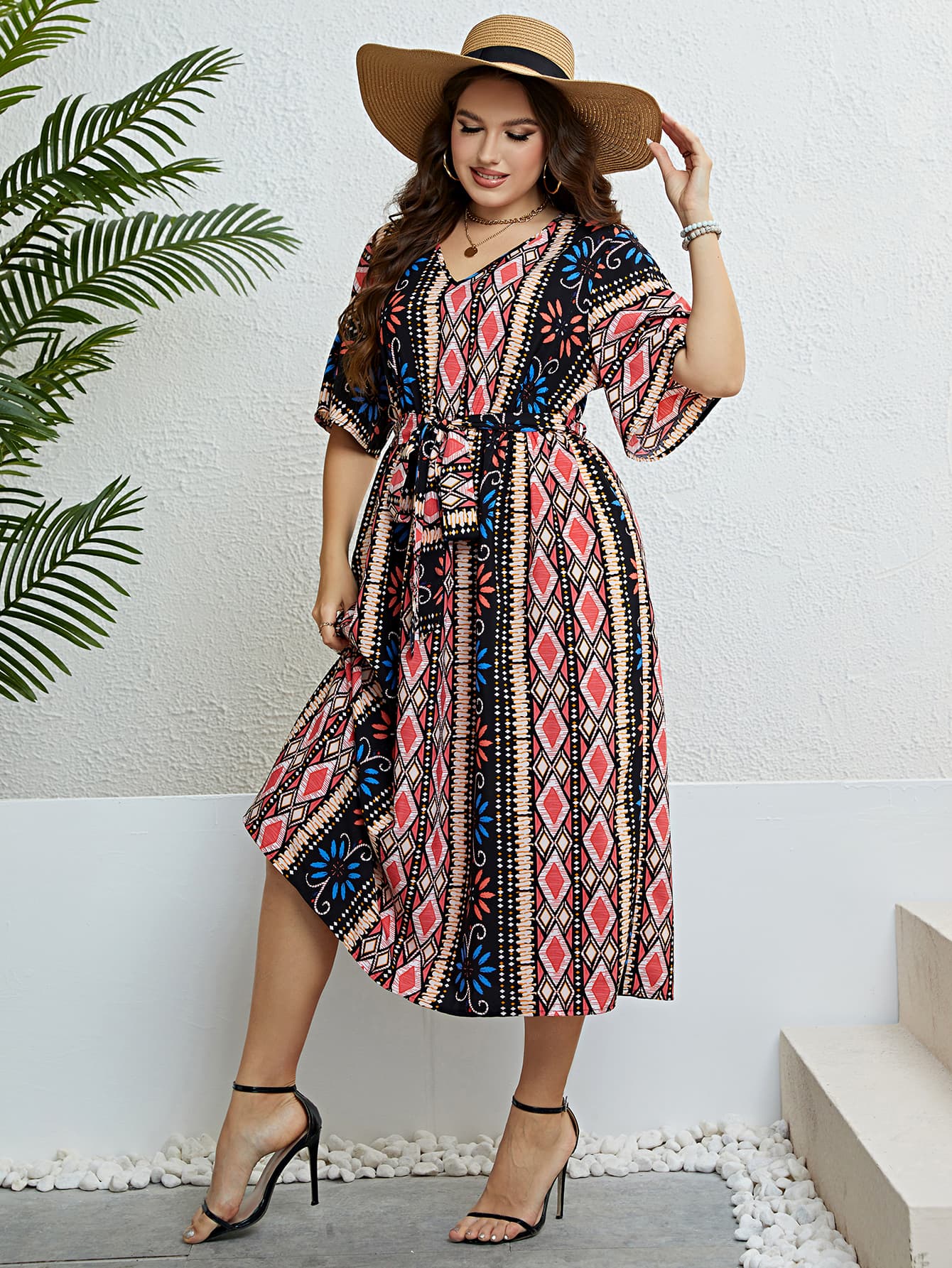 Honey Plus Size Bohemian V-Neck Tie Belt Midi Dress Trendsi
