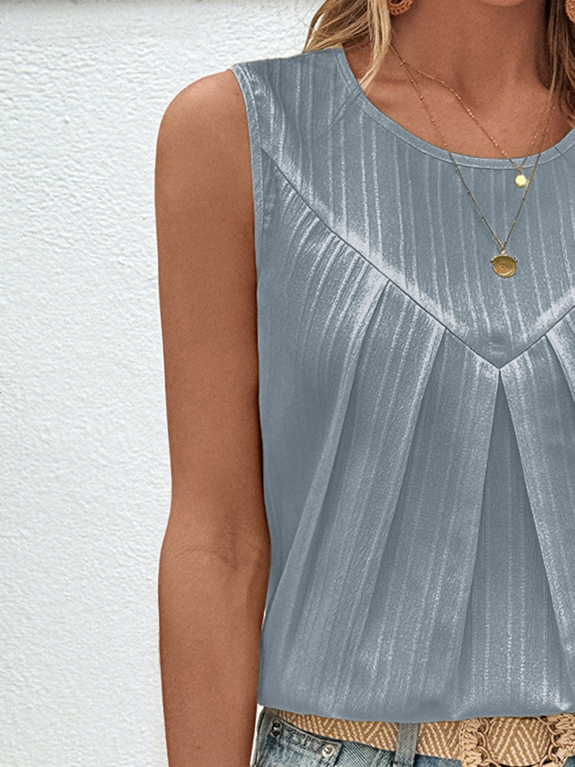 Ivy Lane Ruched Round Neck Tank Trendsi
