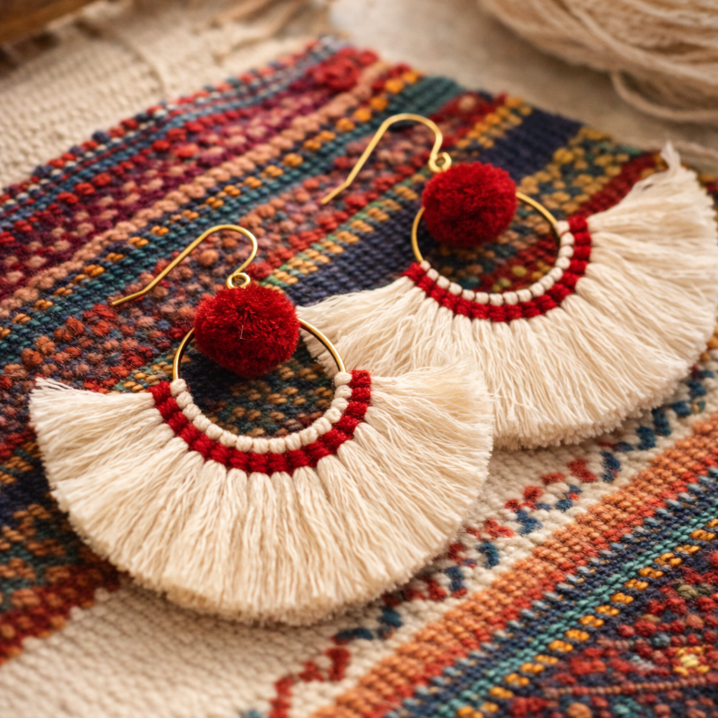 Half Moon Tassel Earrings Boho Cotton Fringe Earrings Fair Trade - Thailand DAME BOHEME