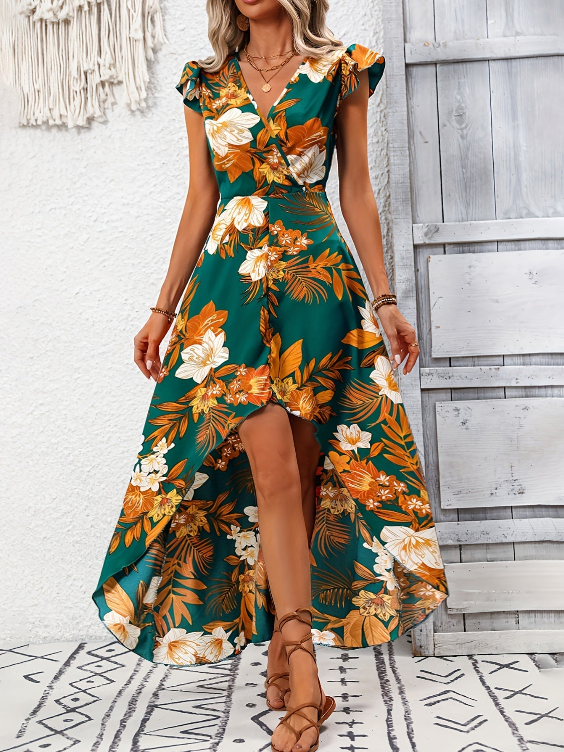 High-Low Floral Printed Cap Sleeve Maxi Dress Trendsi