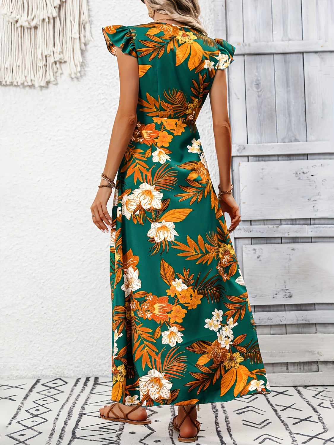 High-Low Floral Printed Cap Sleeve Maxi Dress Trendsi