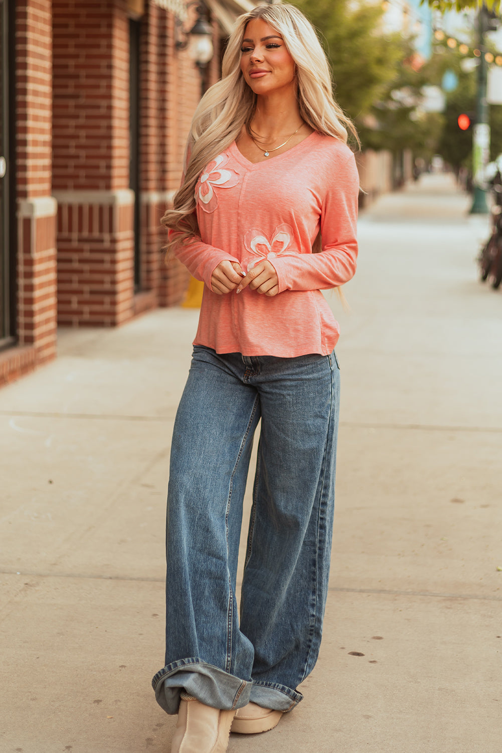 Emery Floral Patchwork V Neck Long Sleeve Top DAME BOHEME