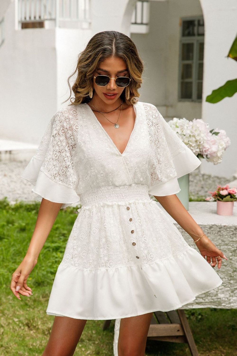 Lace Cutout Surplice Half Sleeve Mini Dress - DAME BOHEME