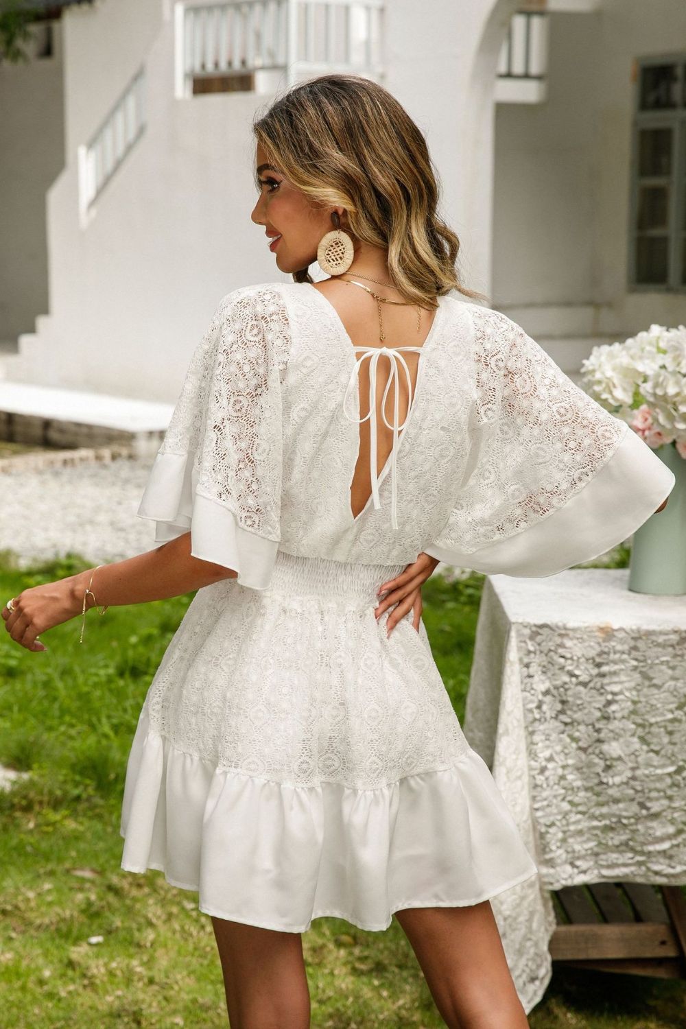 Lace Cutout Surplice Half Sleeve Mini Dress - DAME BOHEME