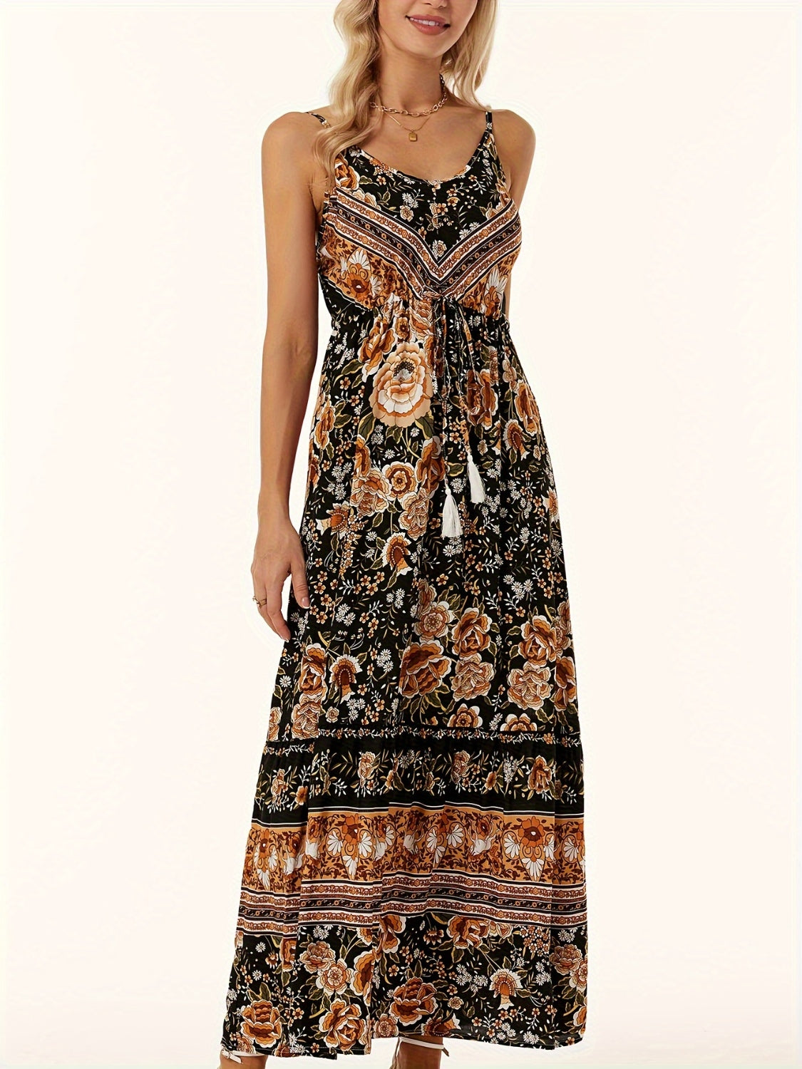 Floral Printed Scoop Neck Midi Cami Dress Trendsi