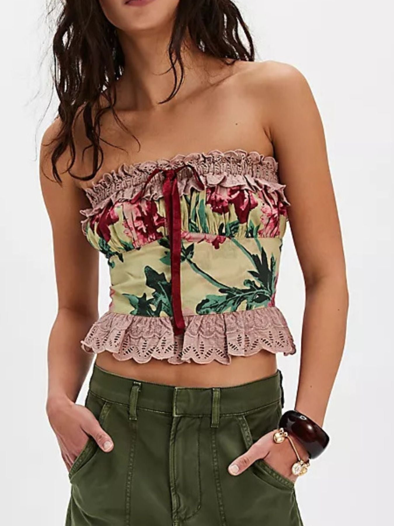 Floral Print Lace Trim Tube Top Trendsi