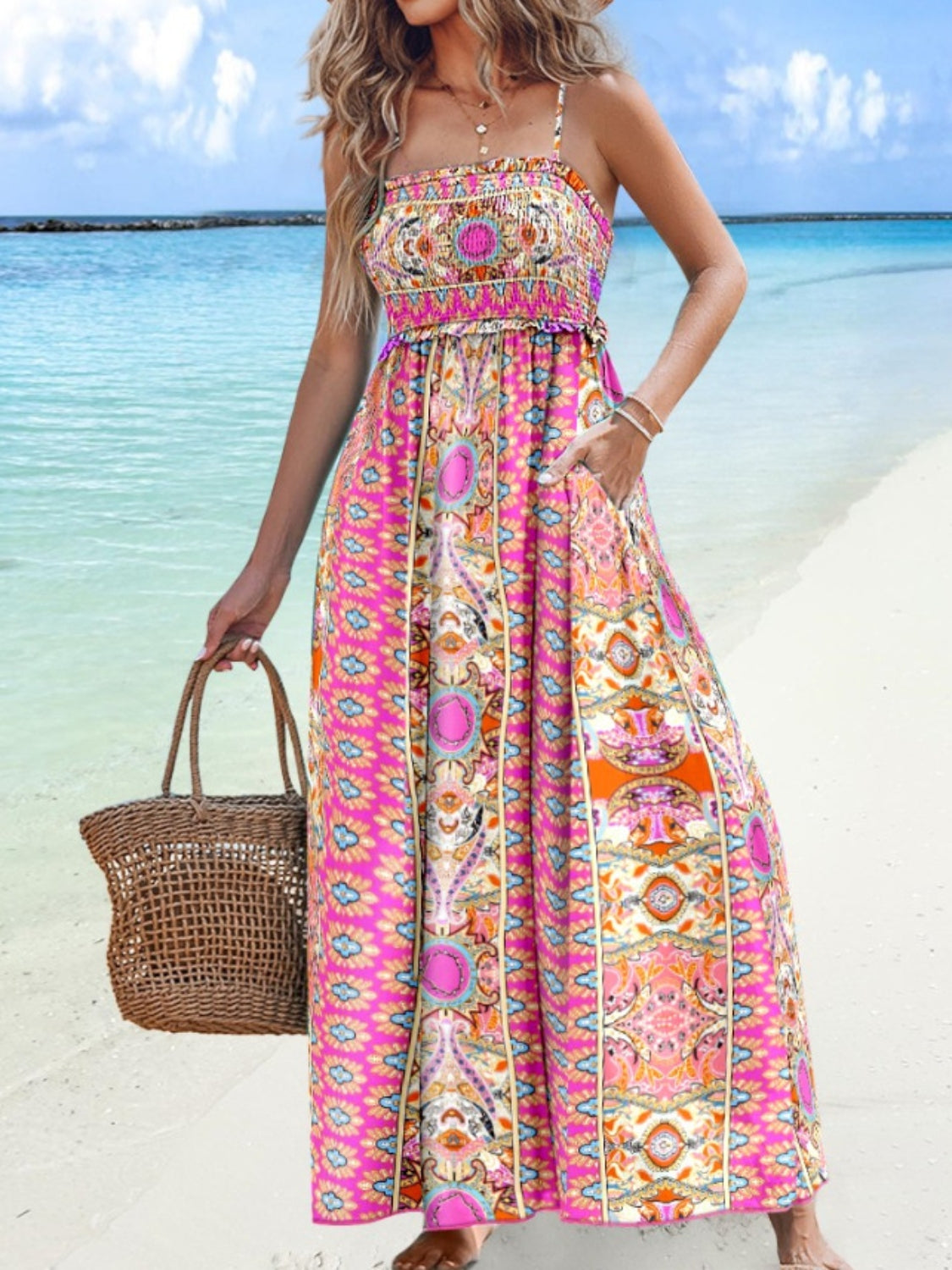 Printed Smocked Maxi Cami Dress Trendsi