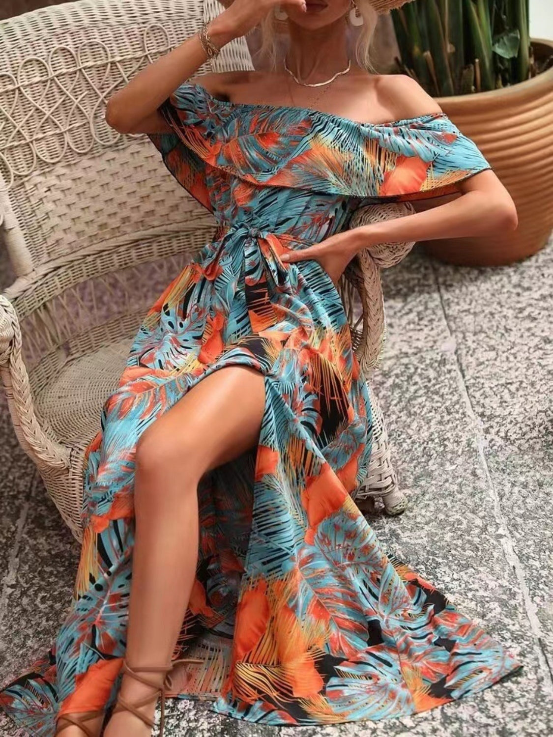 Ruffled Tropical Print Off Shoulder Maxi Dress Trendsi