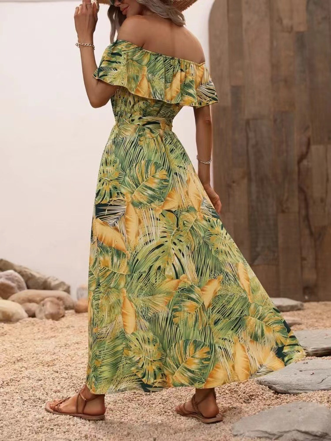 Ruffled Tropical Print Off Shoulder Maxi Dress Trendsi