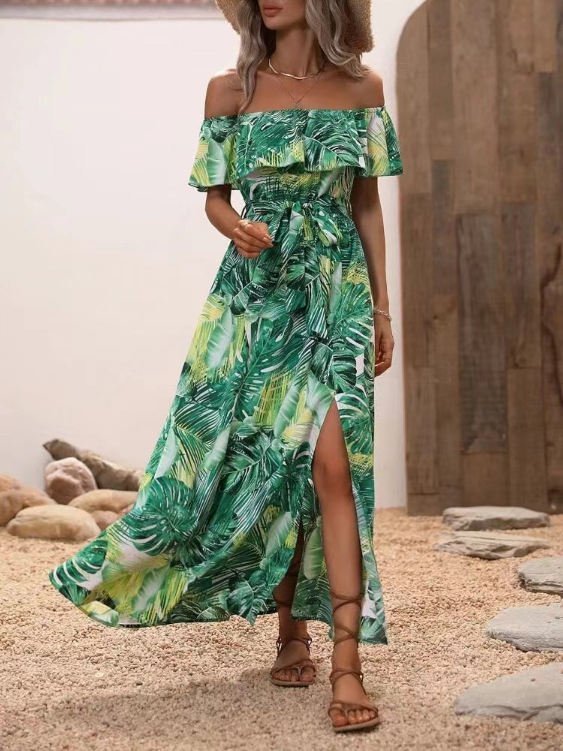 Ruffled Tropical Print Off Shoulder Maxi Dress Trendsi