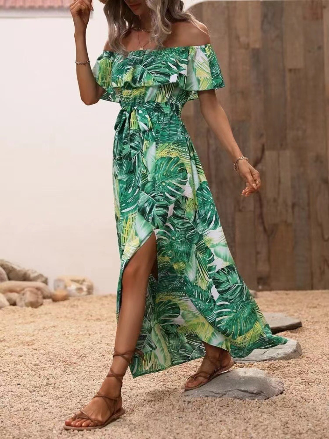 Ruffled Tropical Print Off Shoulder Maxi Dress Trendsi
