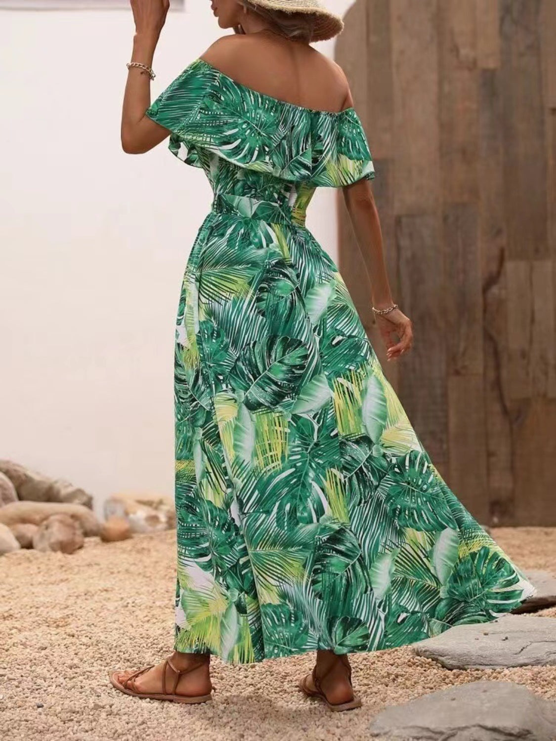 Ruffled Tropical Print Off Shoulder Maxi Dress Trendsi