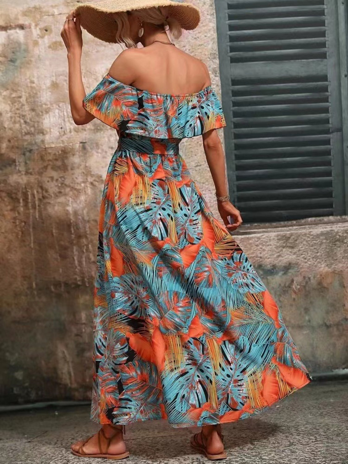 Ruffled Tropical Print Off Shoulder Maxi Dress Trendsi