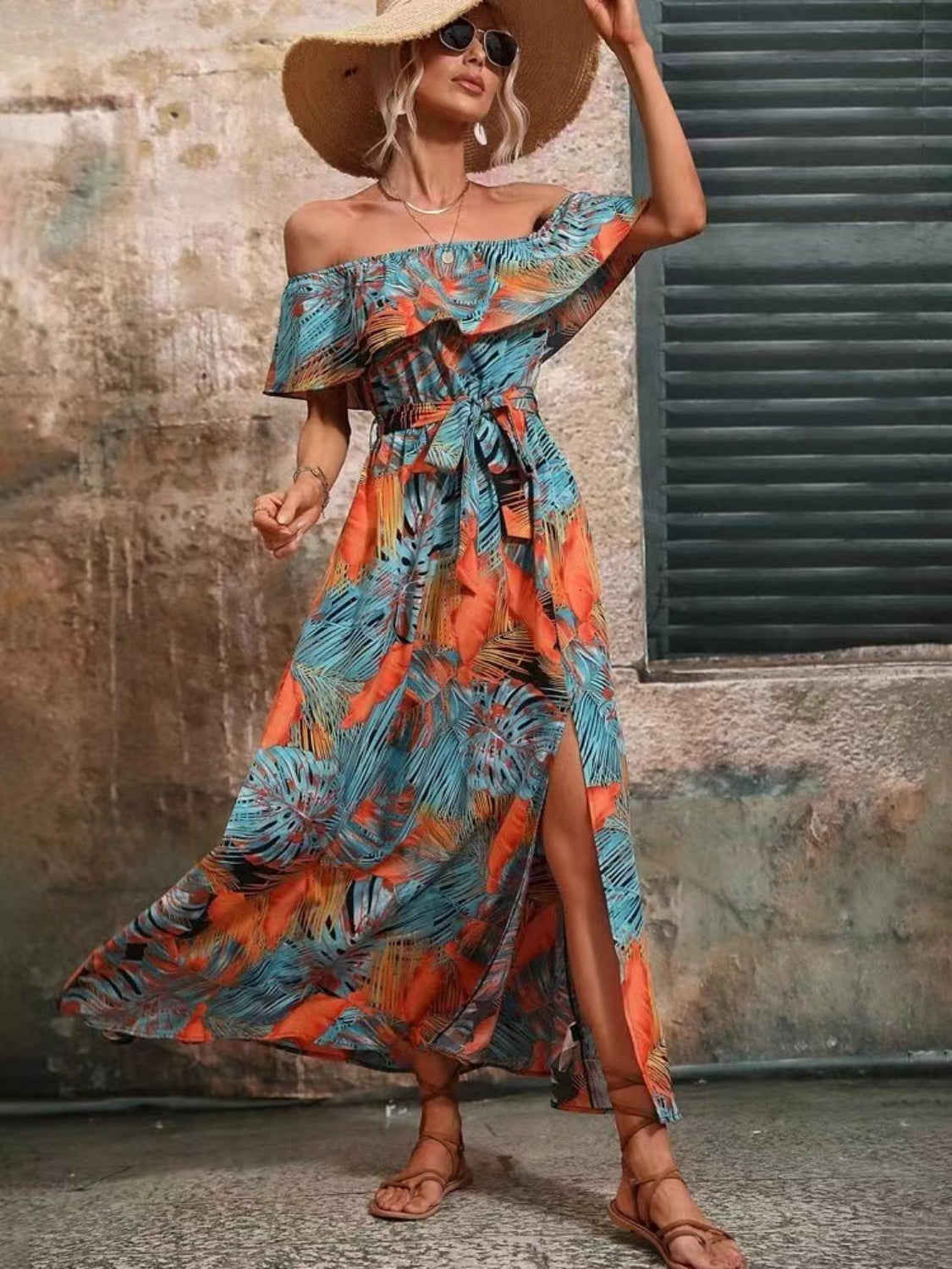 Ruffled Tropical Print Off Shoulder Maxi Dress Trendsi