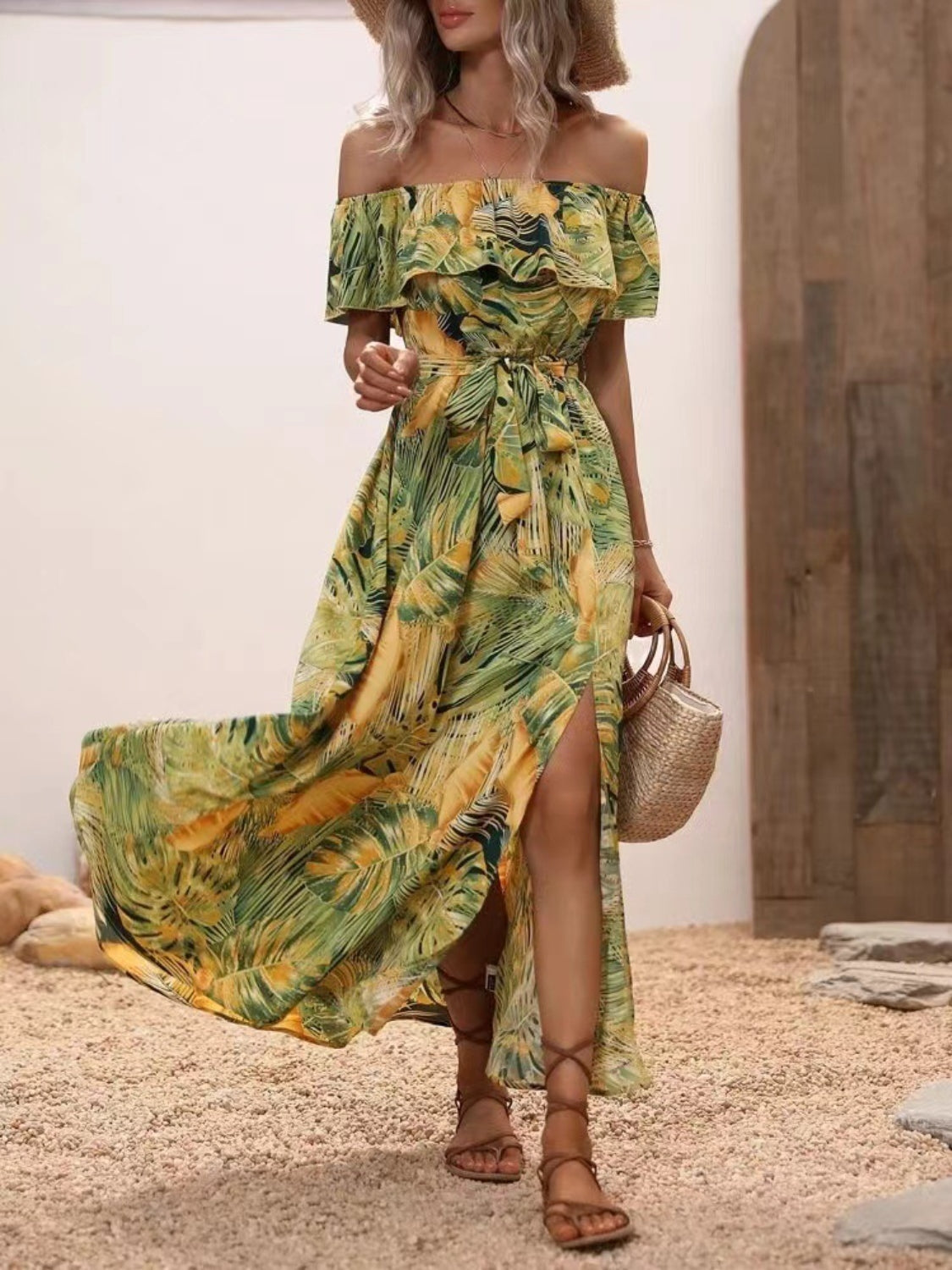 Ruffled Tropical Print Off Shoulder Maxi Dress Trendsi