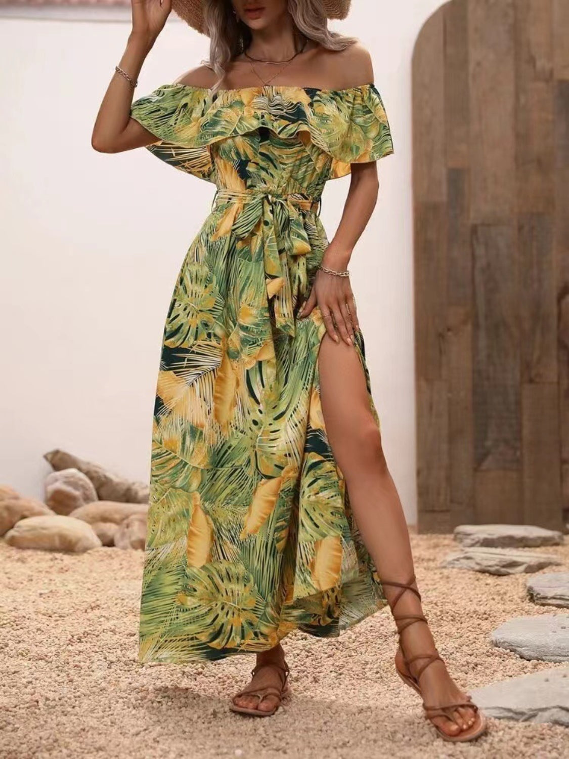 Ruffled Tropical Print Off Shoulder Maxi Dress Trendsi