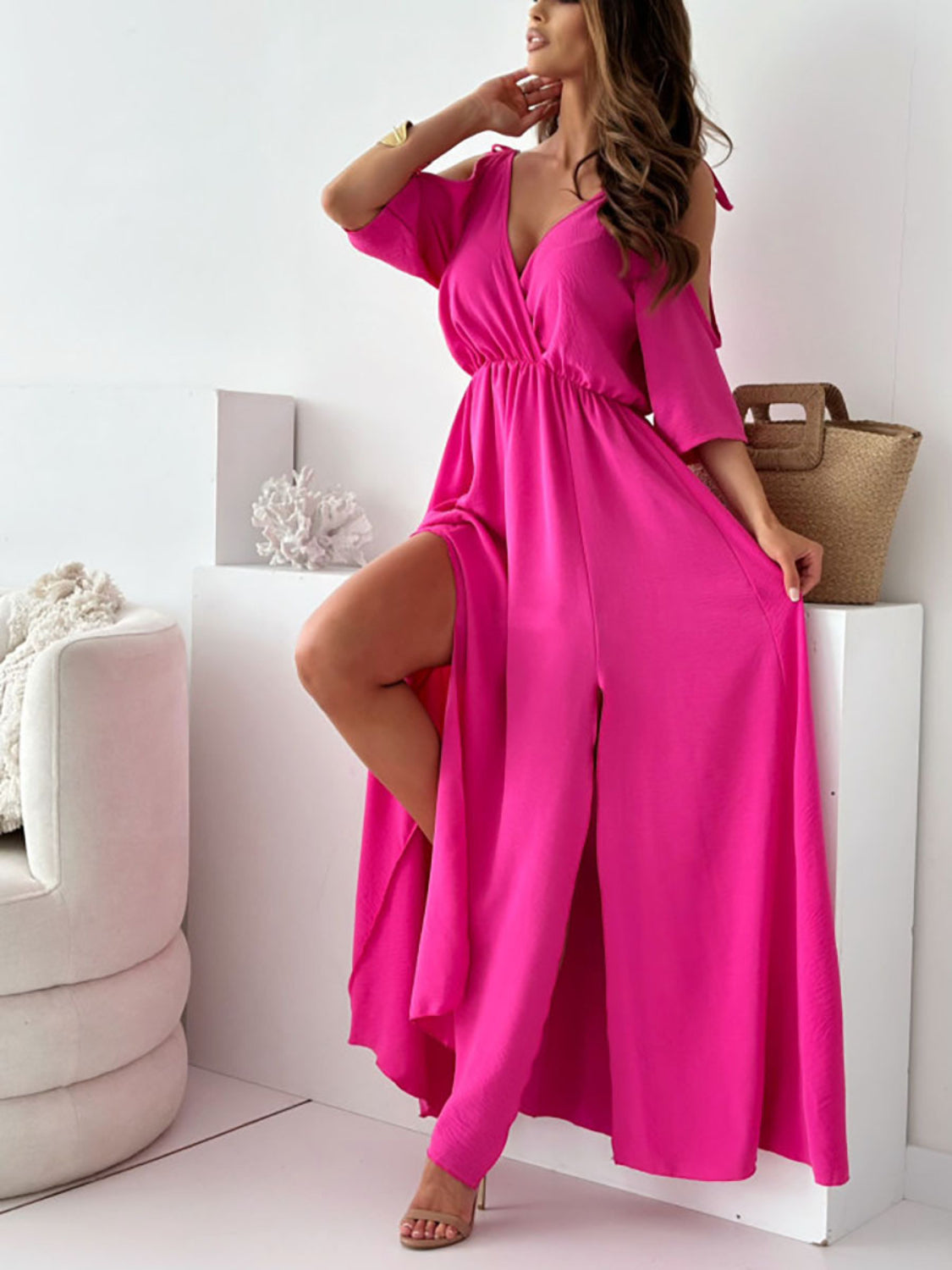 Tied Cold Shoulder High Slit Maxi Dress Trendsi