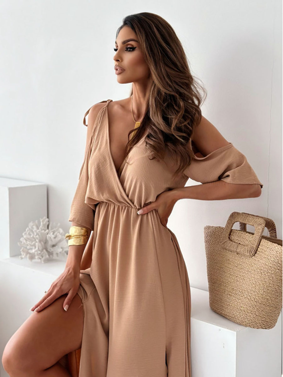 Tied Cold Shoulder High Slit Maxi Dress Trendsi