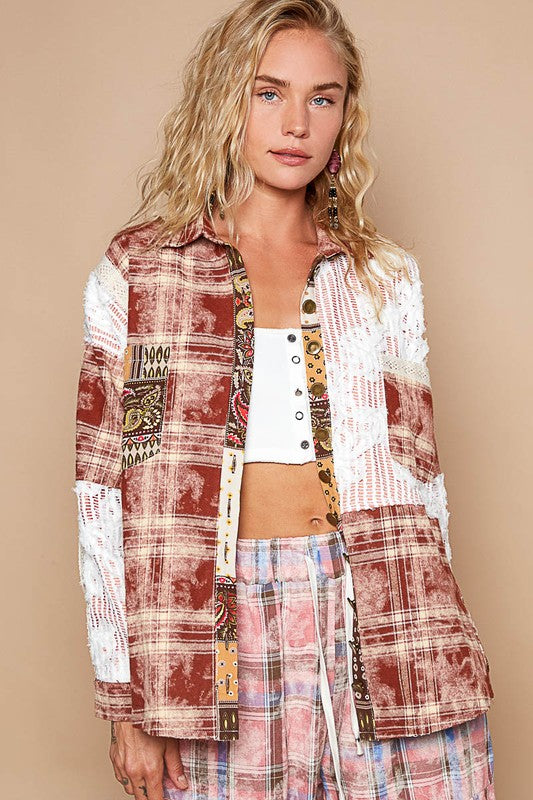 Crochet Plaid Multicolor Patchwork Button Up Shirt Trendsi