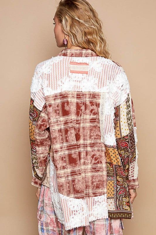 Crochet Plaid Multicolor Patchwork Button Up Shirt Trendsi