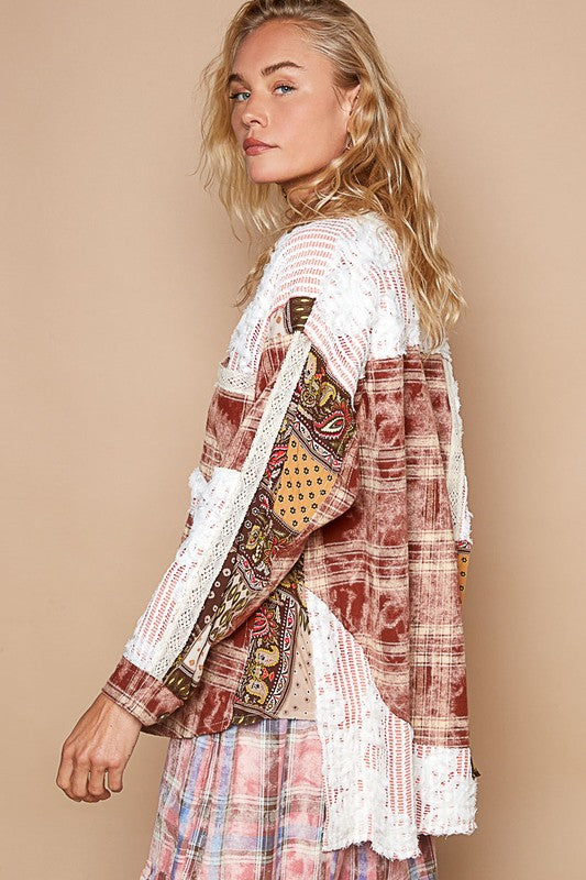 Crochet Plaid Multicolor Patchwork Button Up Shirt Trendsi