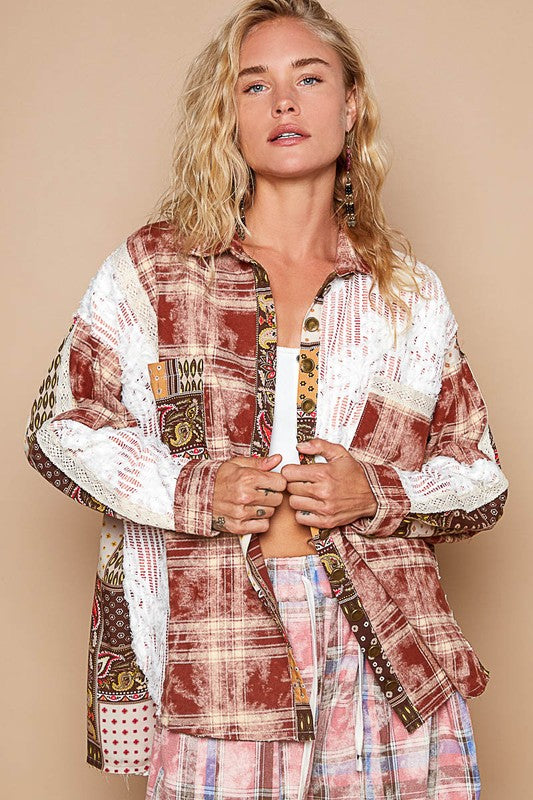 Crochet Plaid Multicolor Patchwork Button Up Shirt Trendsi