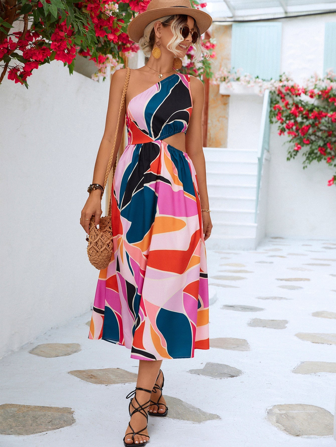 Printed Cutout One-Shoulder Sleeveless Midi Dress Trendsi