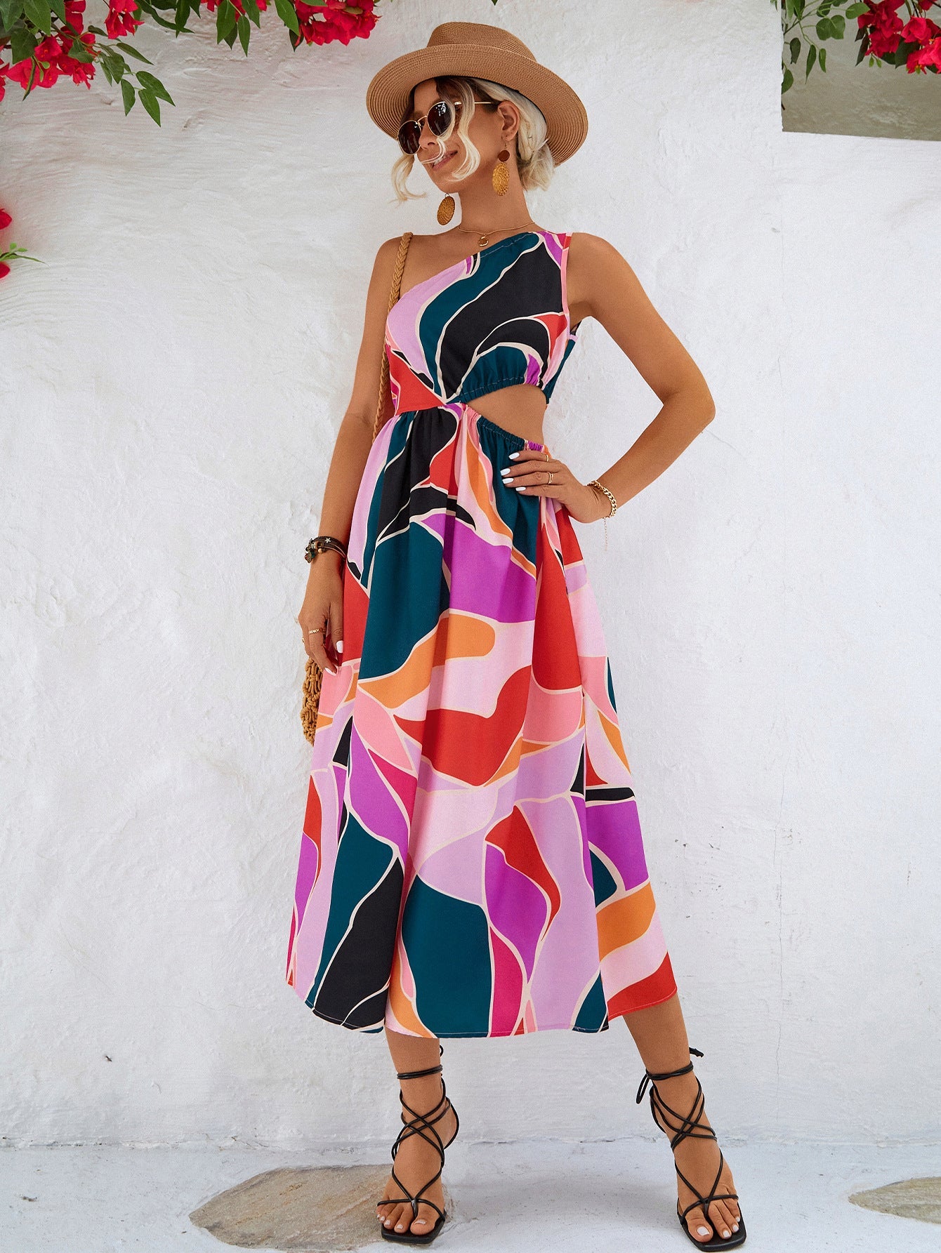 Printed Cutout One-Shoulder Sleeveless Midi Dress Trendsi