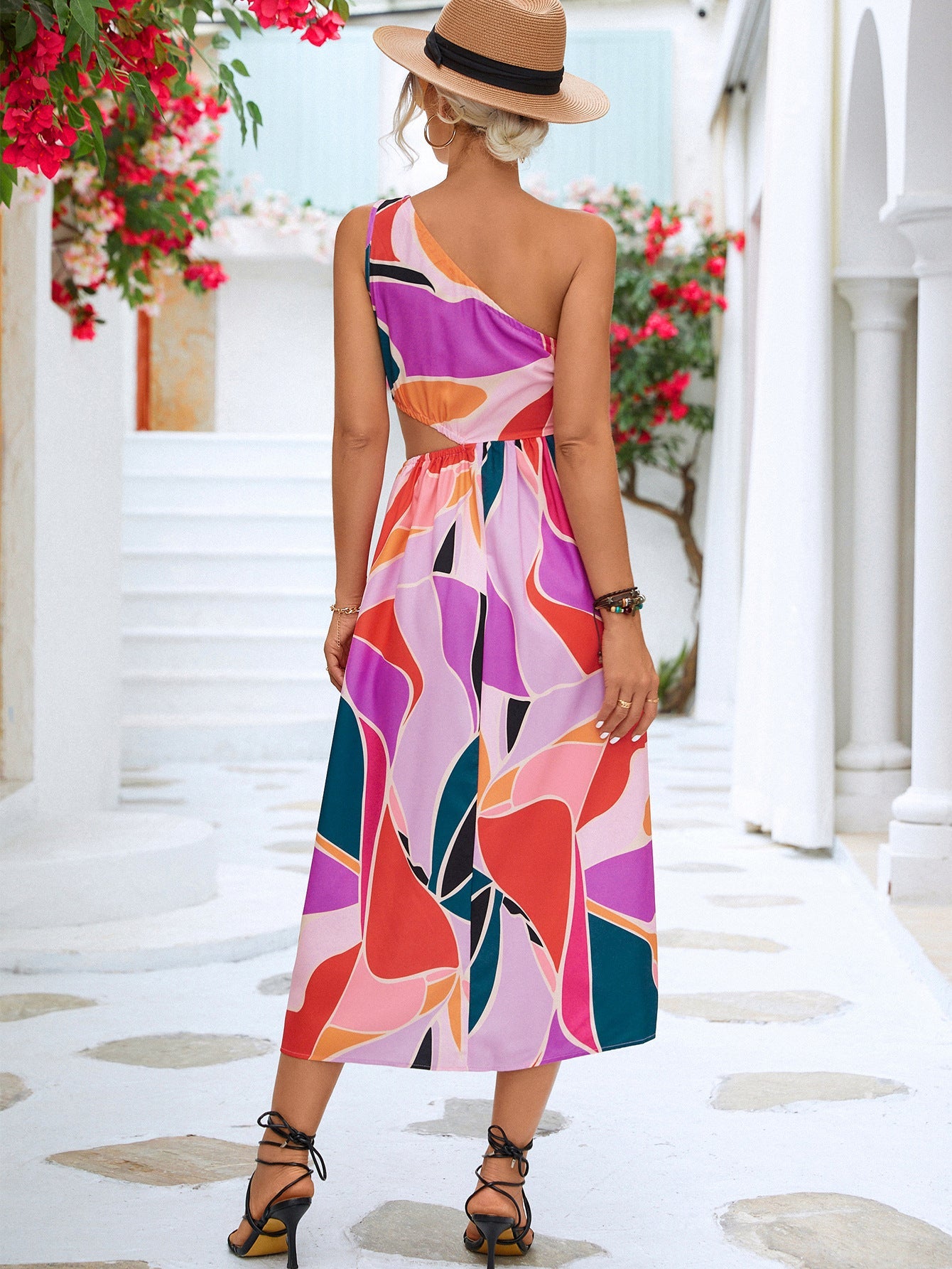 Printed Cutout One-Shoulder Sleeveless Midi Dress Trendsi