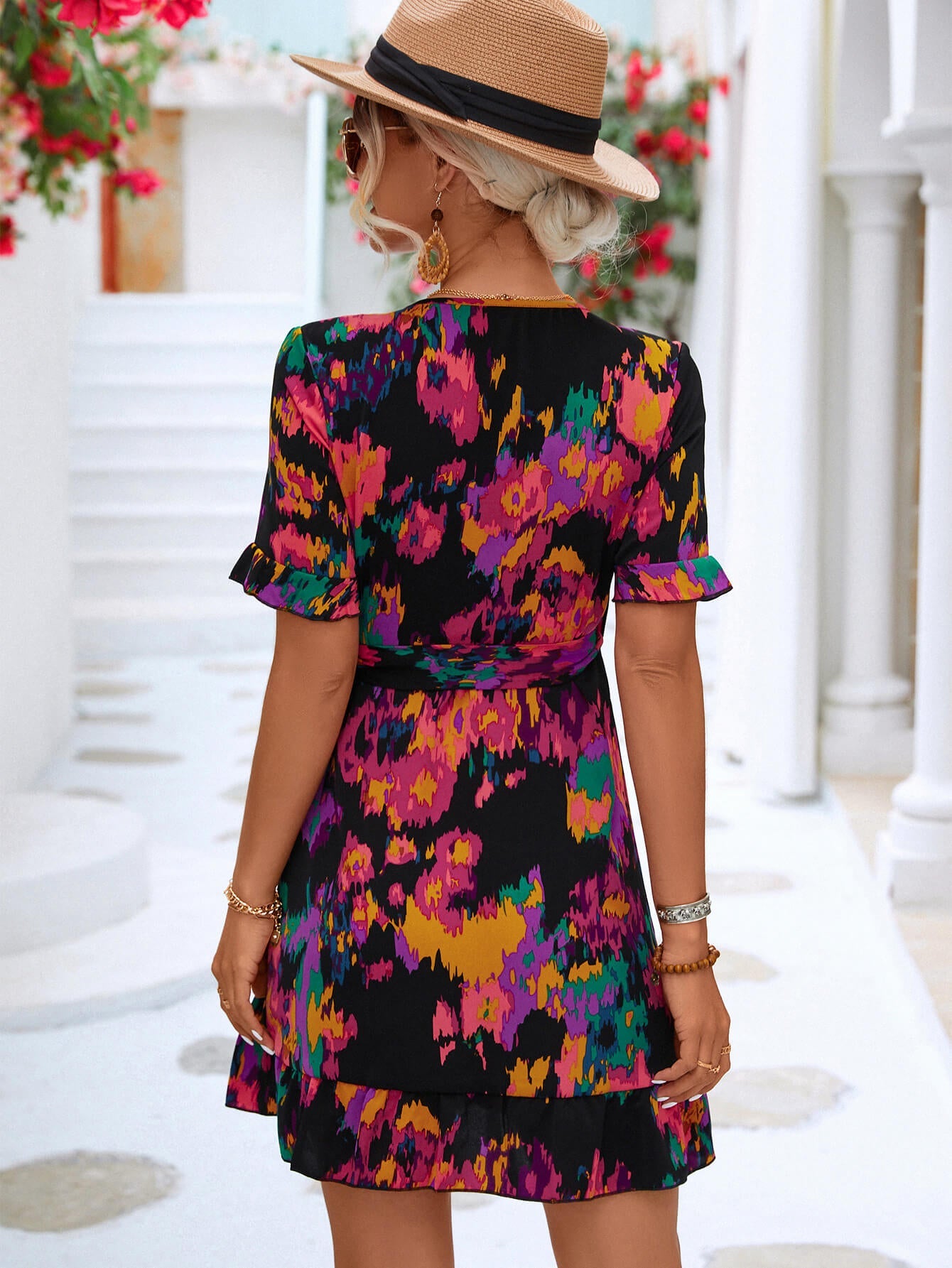 Abstract Floral Printed Flounce Sleeve Tied Short Dress DAME BOHEME