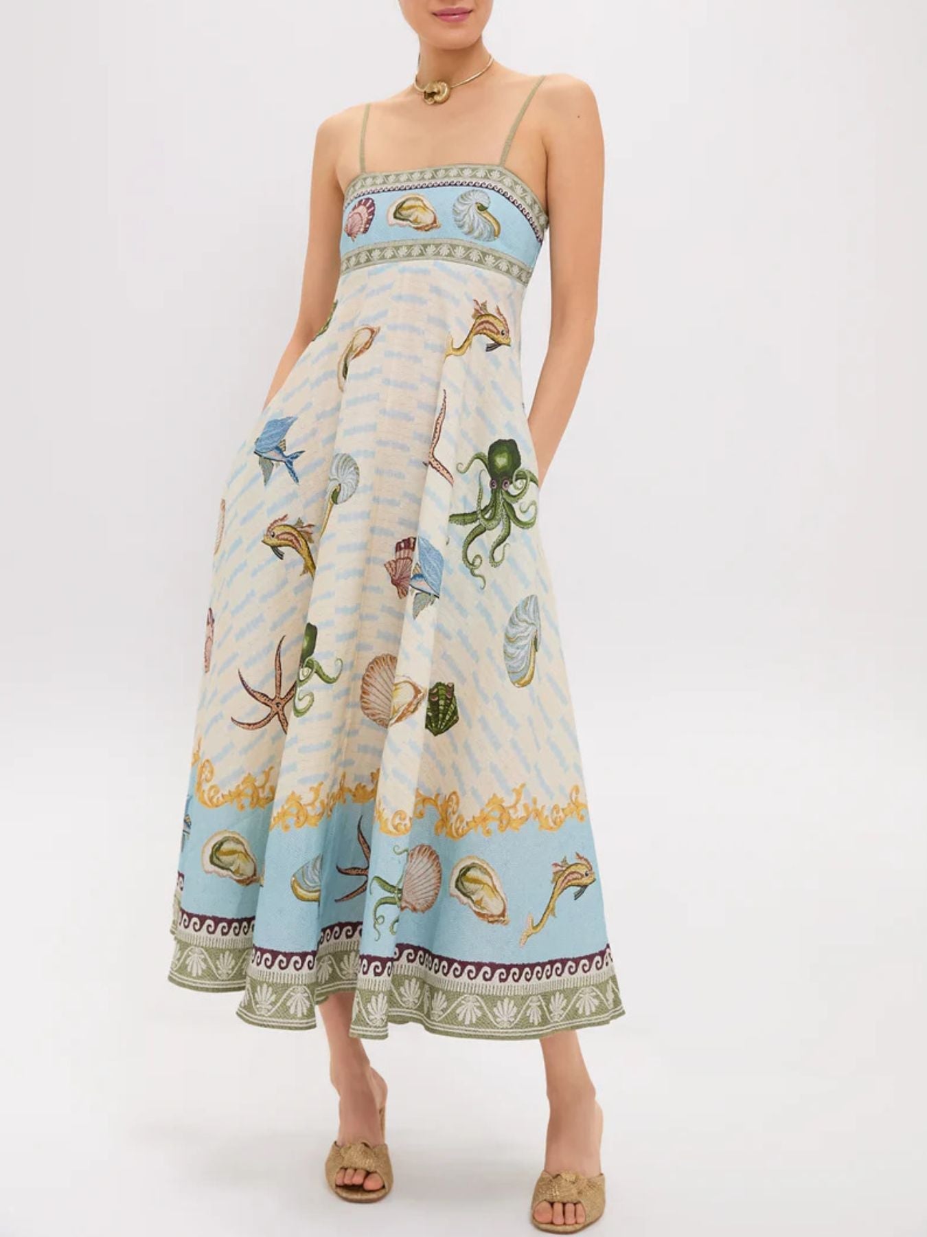 Ocean Print Spaghetti Strap Midi Dress - Plus Size Trendsi