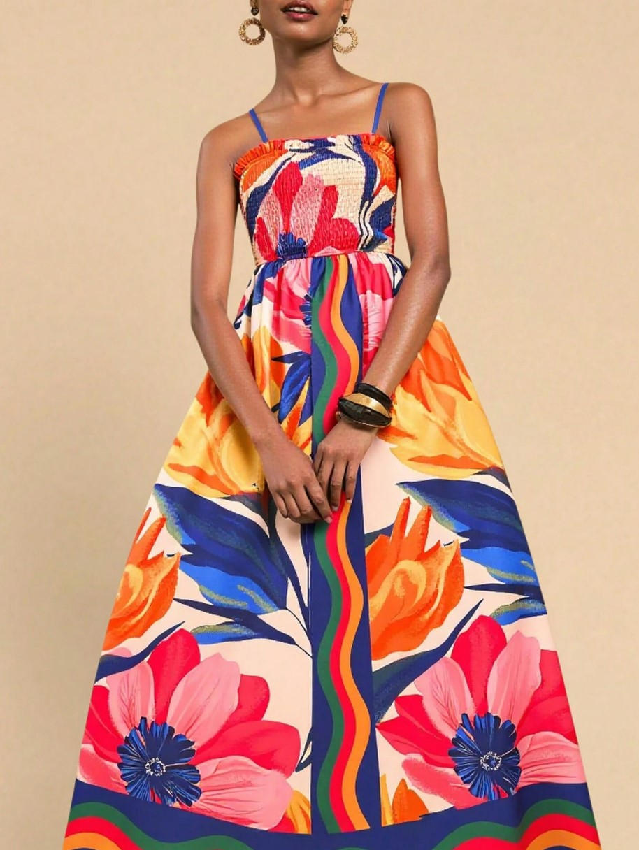Smocked Printed Spaghetti Strap Maxi Dress - Plus Size Trendsi