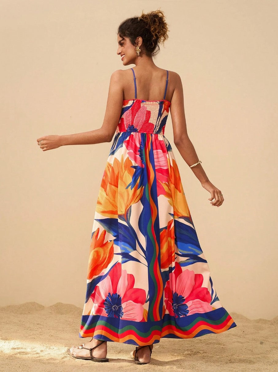 Smocked Printed Spaghetti Strap Maxi Dress - Plus Size Trendsi