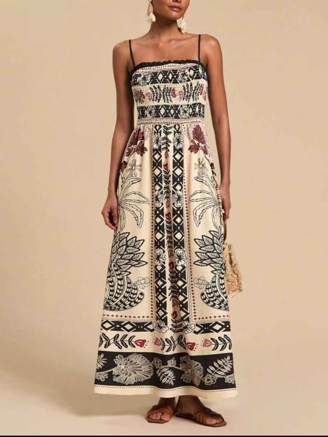 Smocked Printed Spaghetti Strap Maxi Dress - Plus Size Trendsi