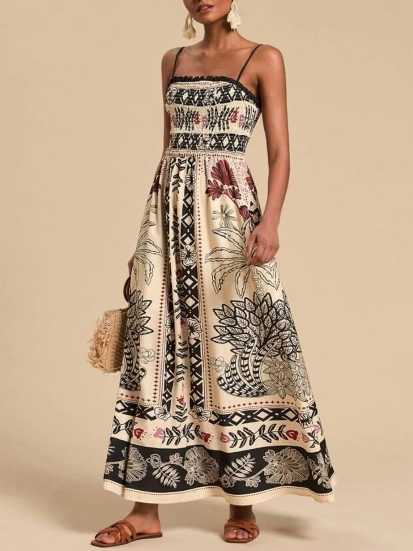 Smocked Printed Spaghetti Strap Maxi Dress - Plus Size Trendsi