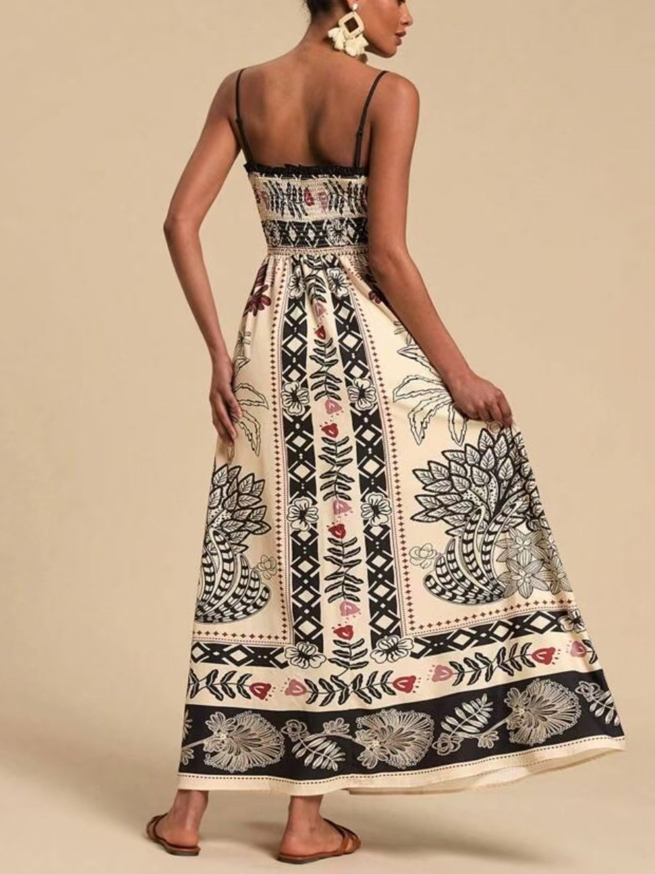 Smocked Printed Spaghetti Strap Maxi Dress - Plus Size Trendsi