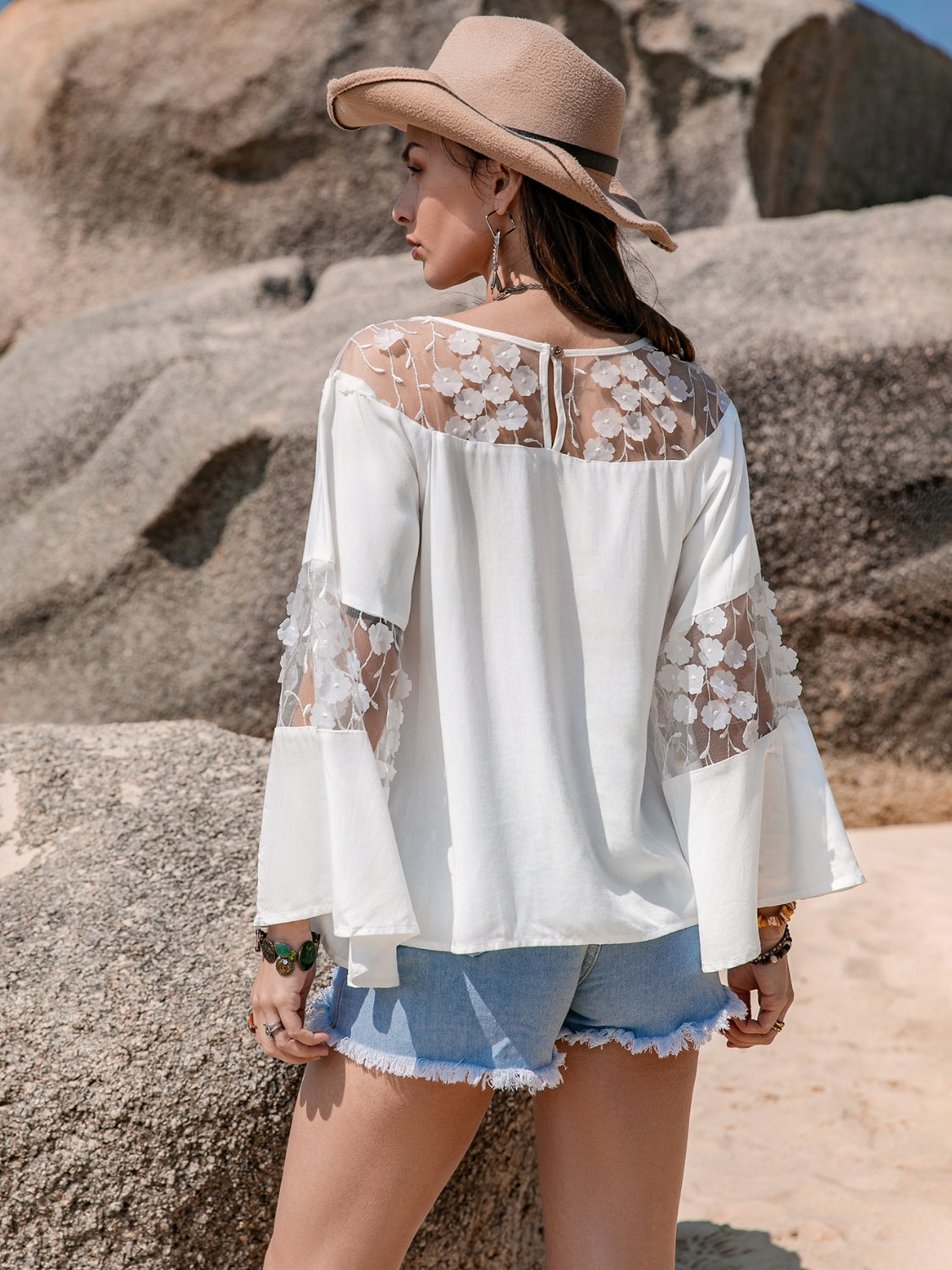 Lace Round Neck Long Sleeve White Blouse Trendsi
